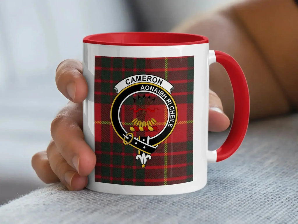 Cameron tartan mug top-down view — black interior and handle, clan crest visible from above