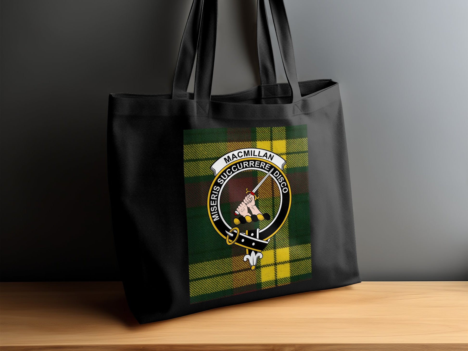 Scottish Clan Crest on Tartan Background Tote Bag - Living Stone Gifts