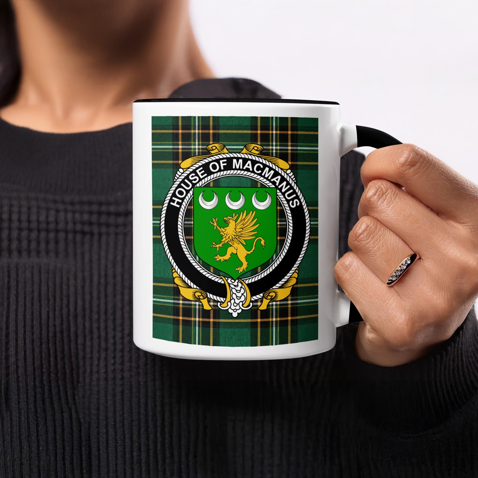 McManus Irish heritage ceramic mug showing tartan and surname emblem