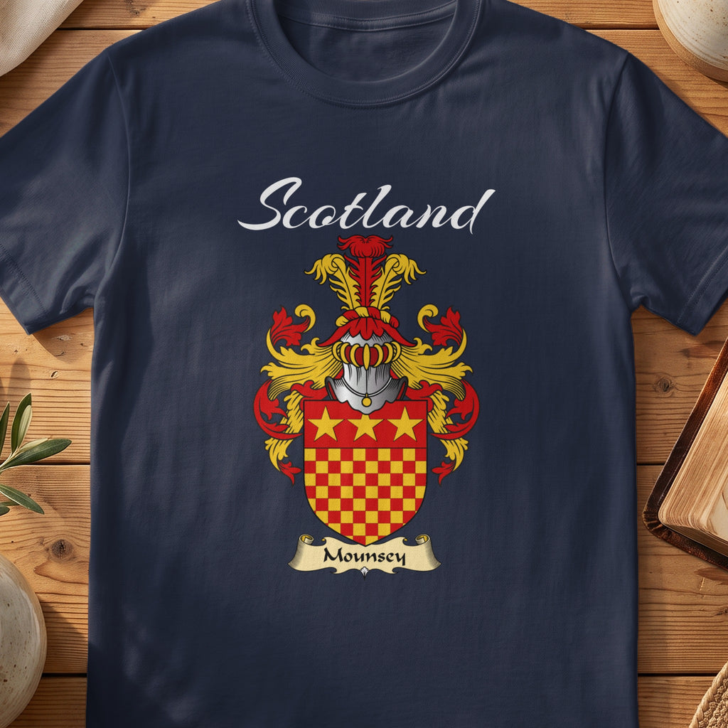 Navy Mounsey family shield T-shirt featuring red-and-gold checks beneath three gold stars