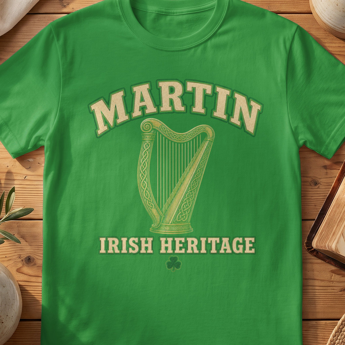 Martin Irish harp T-shirt in Irish Green, with cream surname lettering, a gold-toned harp, green shamrock and “Irish Heritage” text.