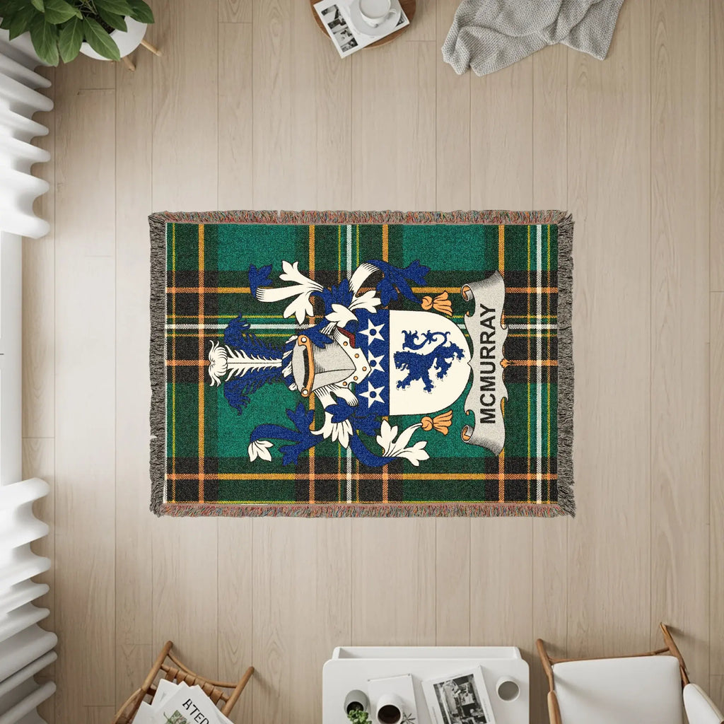McMurray tartan woven throw blanket with family crest.