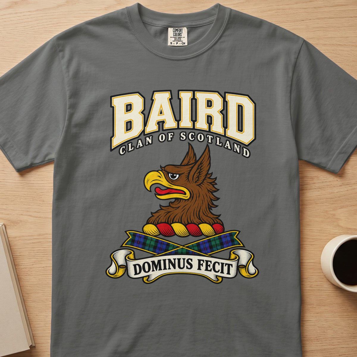 Baird clan crest with brown griffin head on a gray Comfort Colors T-shirt, front view