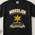 Wardlaw Scottish clan T-shirt in Black, front view with a golden star with wavy points and motto design.