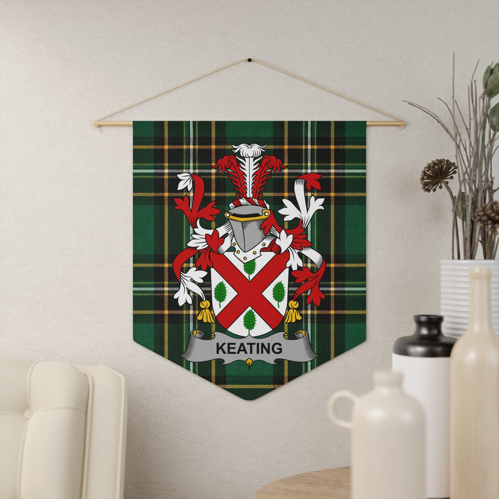 Keating Irish family crest on an Irish National Tartan pennant banner