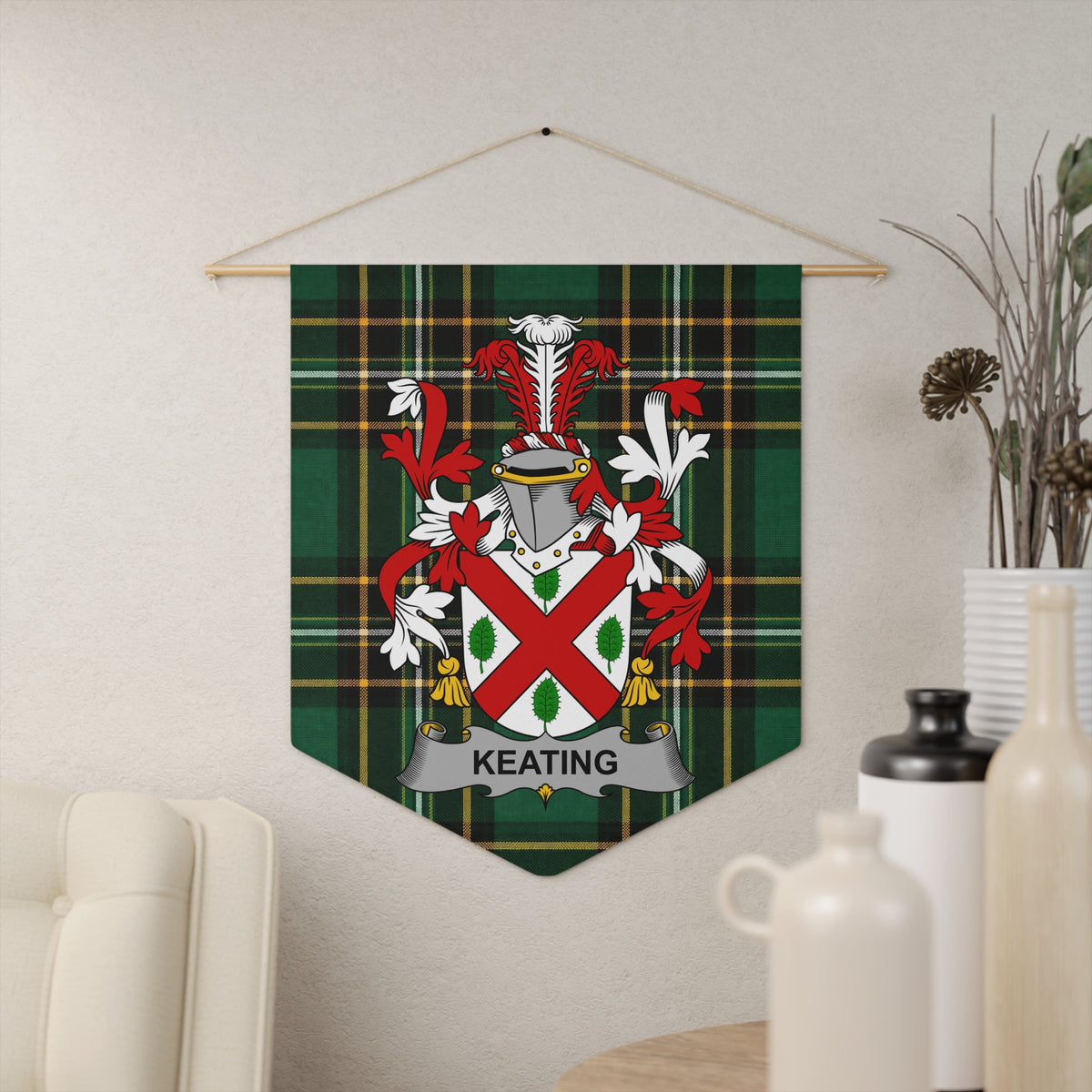 Keating Irish family crest on an Irish National Tartan pennant banner
