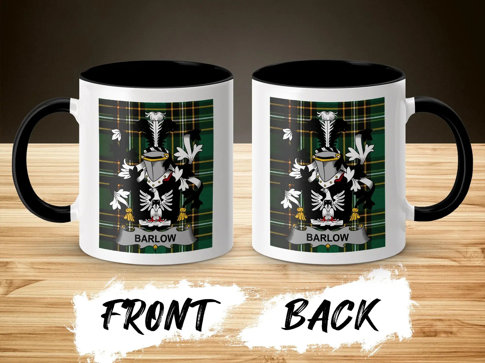Barlow family crest on a white mug with black handle and interior.