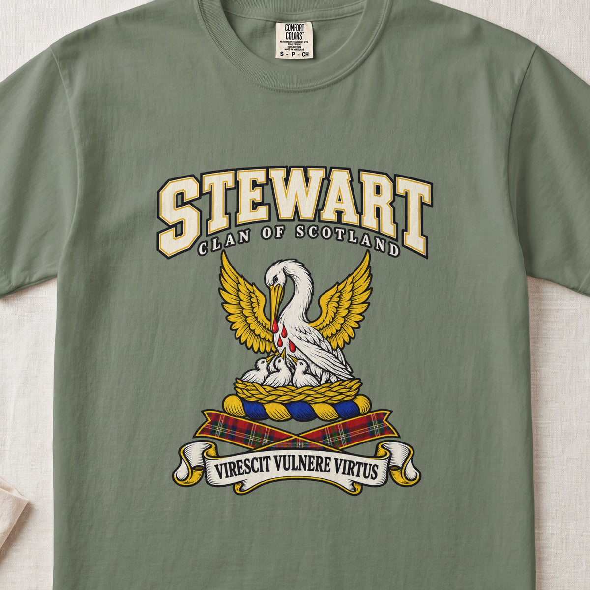 Stewart High Stewards Scottish clan graphic T-shirt in Moss, front view