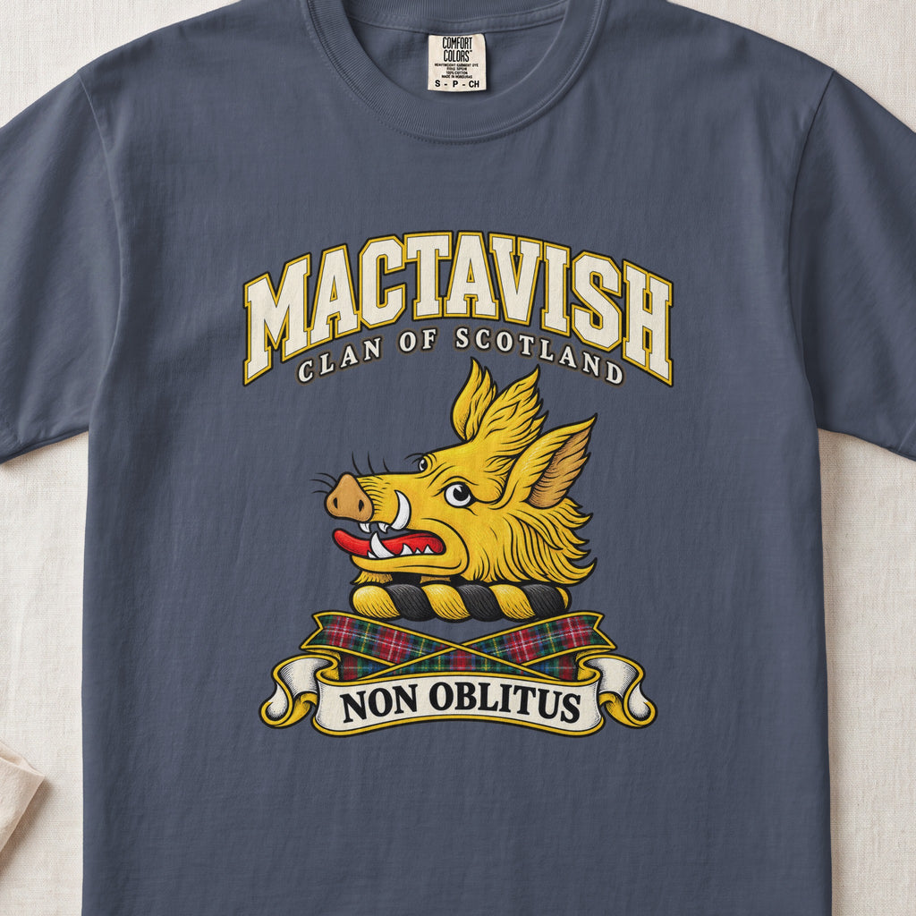 MacTavish Scottish clan T-shirt in Midnight, front view with a gold boar head and motto design.