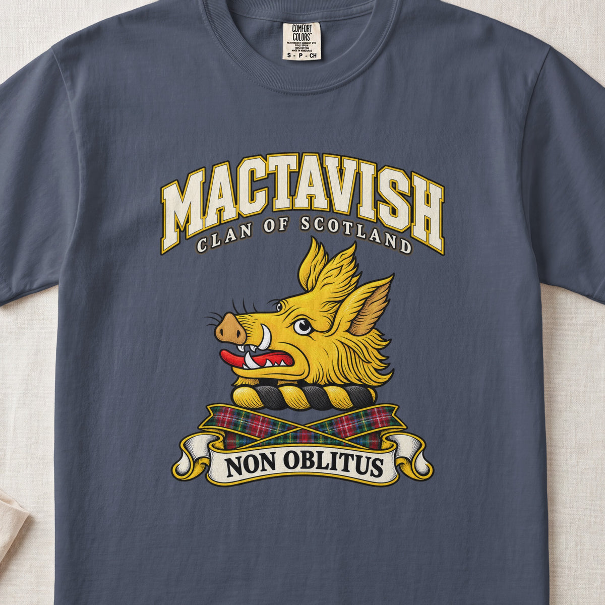 MacTavish Scottish clan T-shirt in Midnight, front view with a gold boar head and motto design.