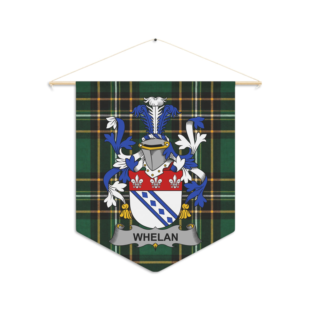 Tartan pennant with Whelan family crest and name displayed.