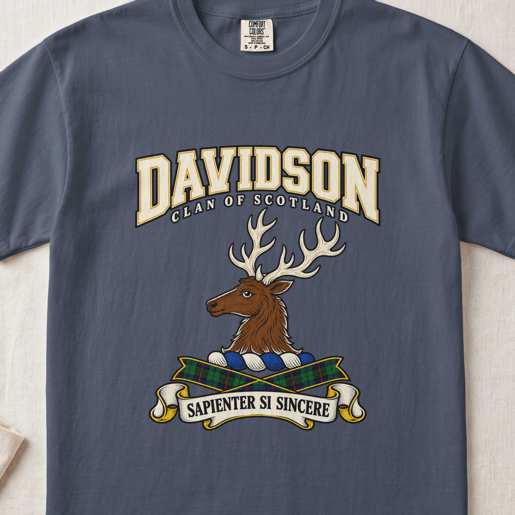 Midnight blue Davidson Scottish clan T-shirt, front flat lay with cream varsity lettering, stag crest and tartan ribbon.