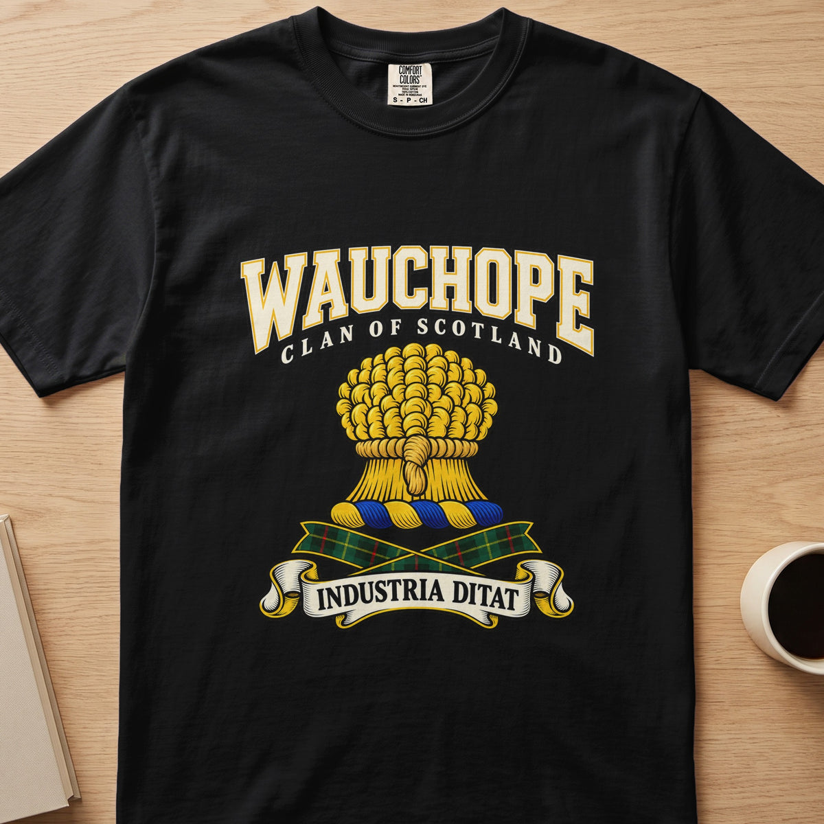 Wauchope clan T-shirt in black, front view with gold sheaf of grain