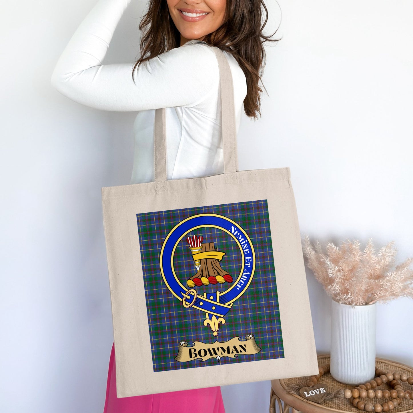 Bowman Clan Crest on Tartan Scottish Tote Bag - Living Stone Gifts