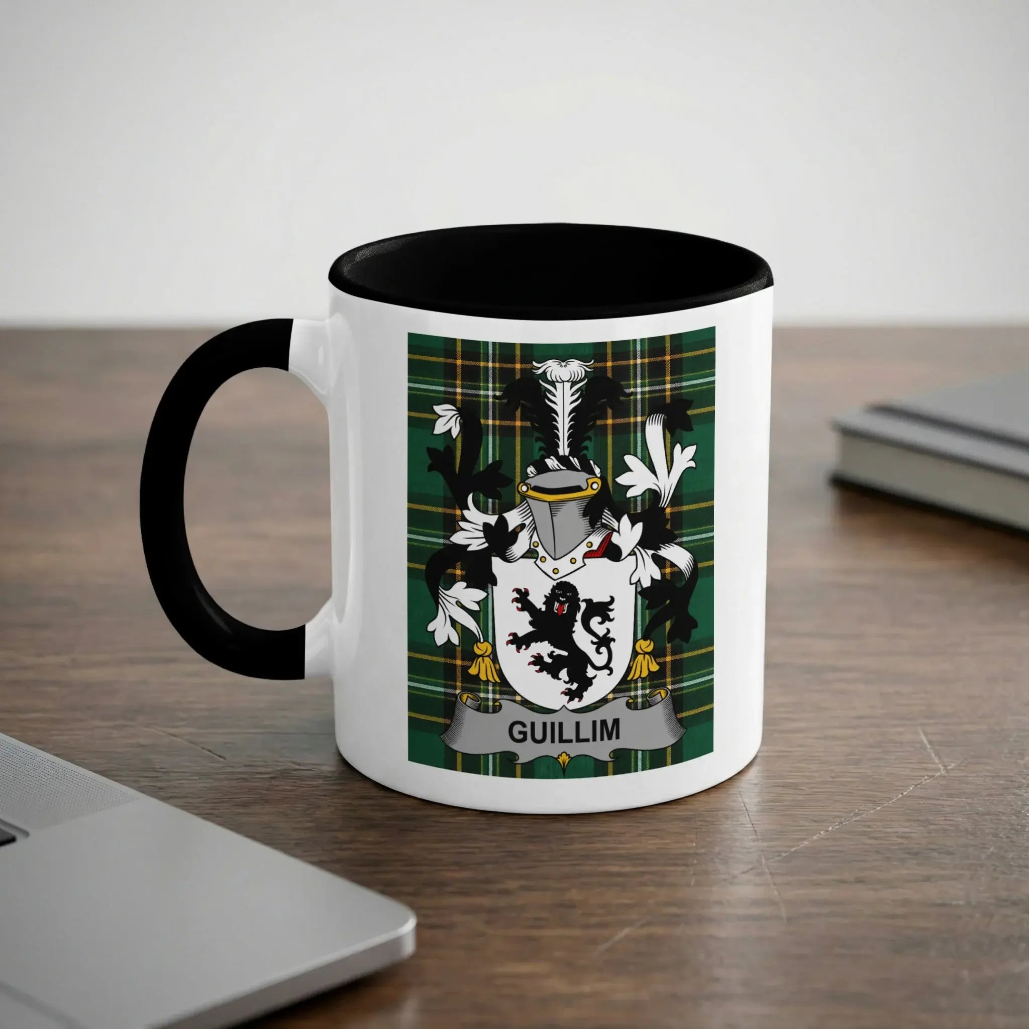 White mug with black handle featuring the Guillim coat of arms.