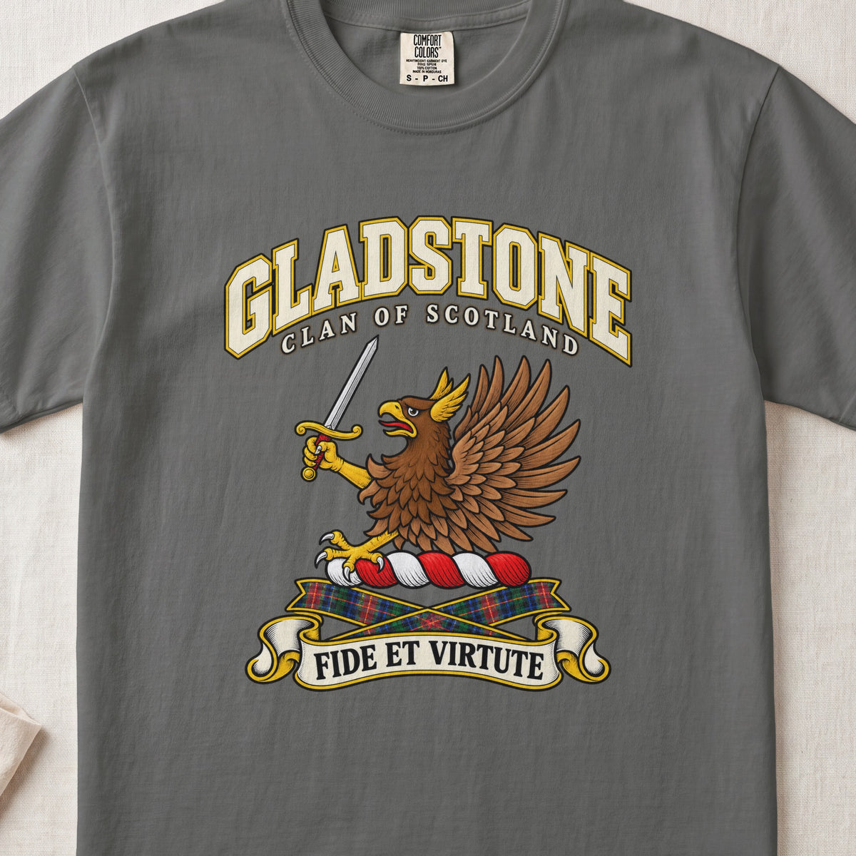 Gladstone Scottish clan T-shirt in Pepper, front view with a brown eagle holding a sword and motto design.