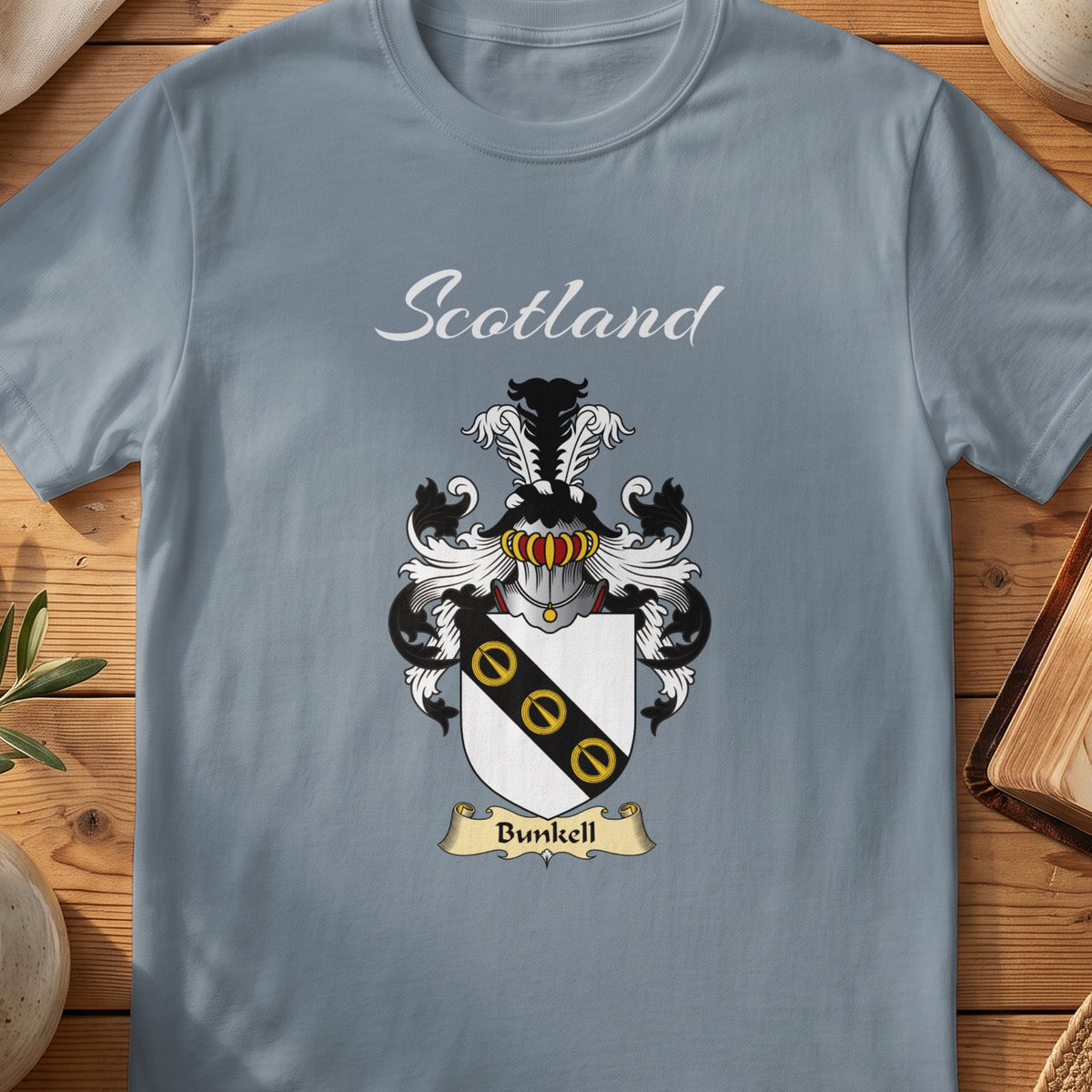 Bunkell Scottish family shield T-shirt in Stone Blue