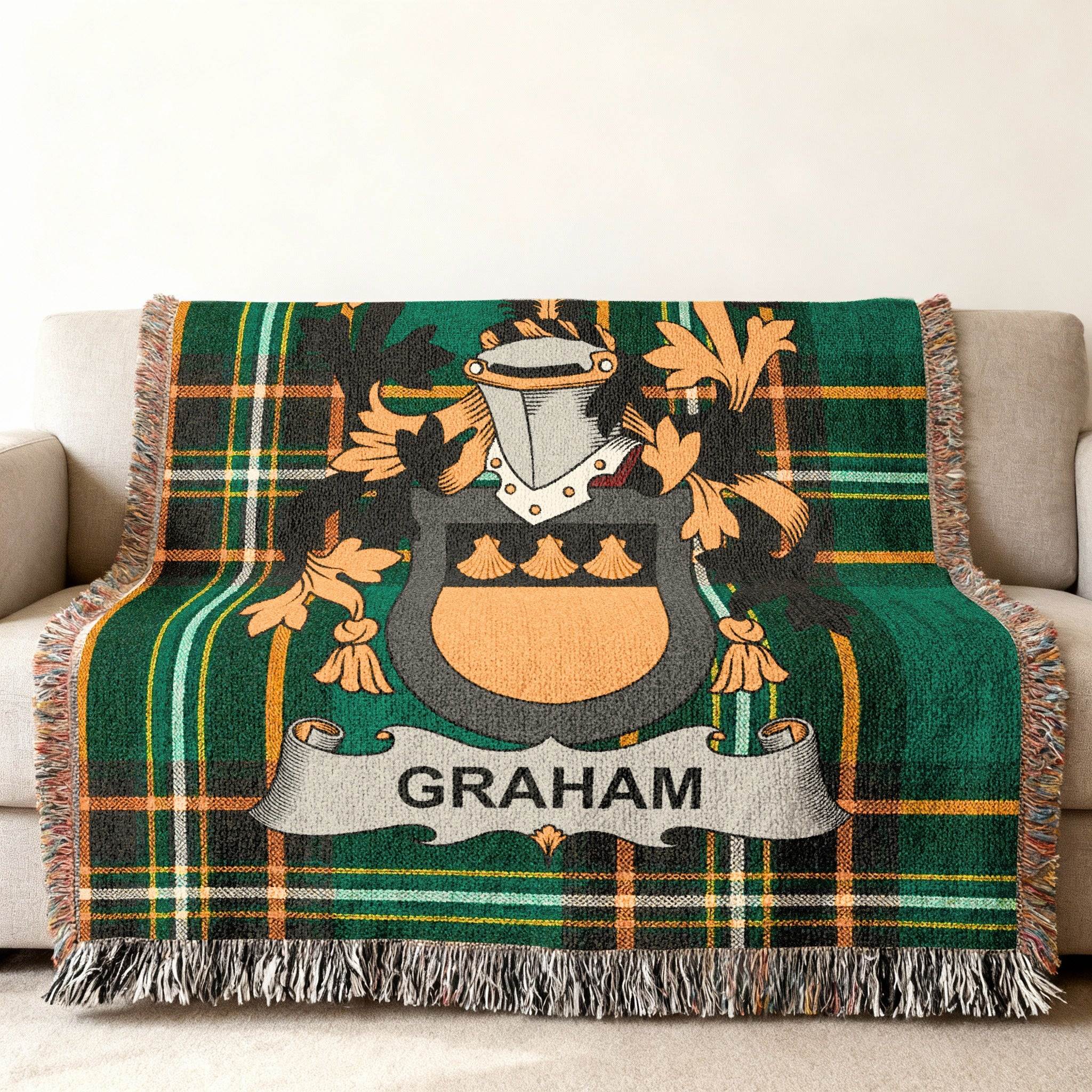 Graham surname woven blanket draped — Irish national tartan with coat of arms and Graham banner