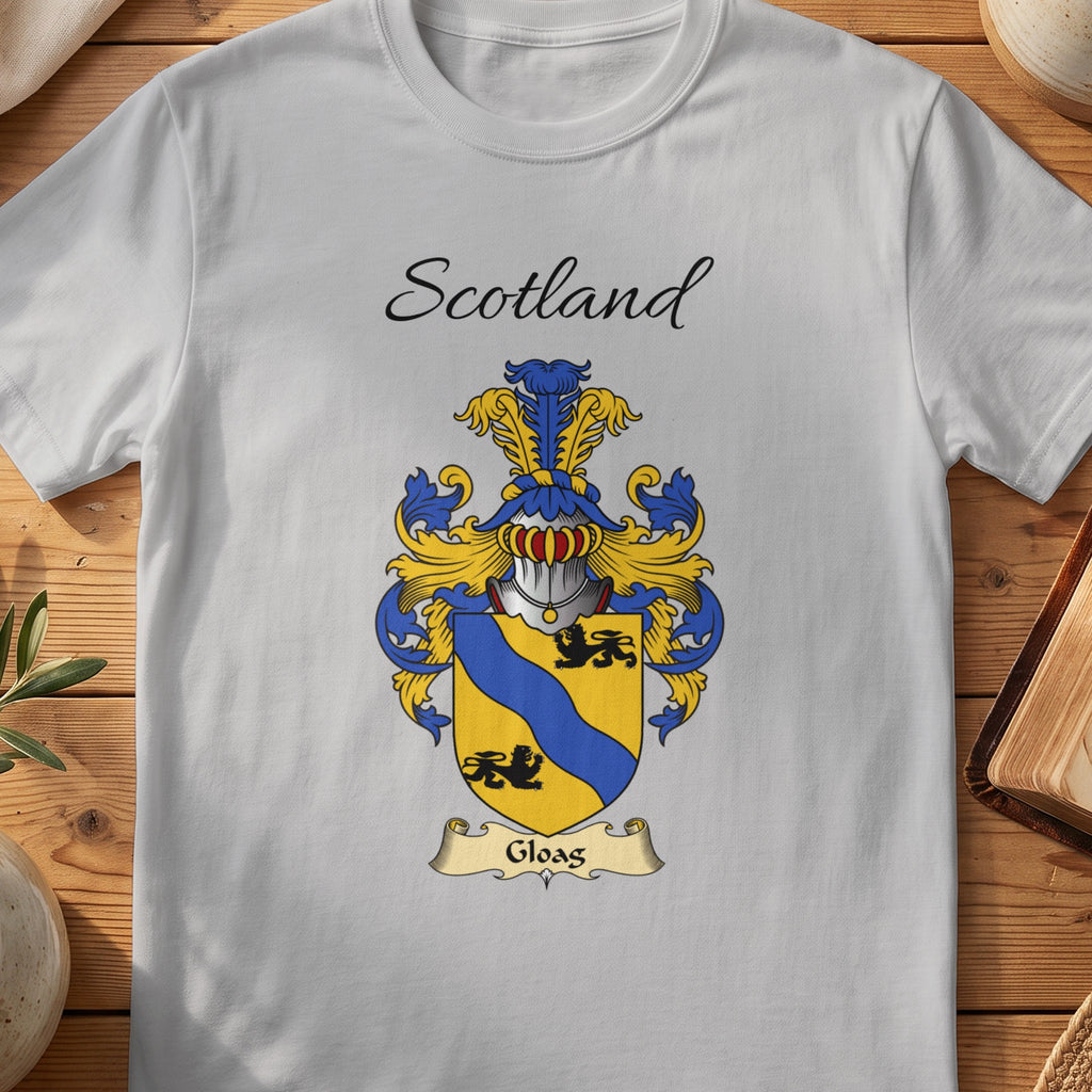 Sport Grey Gloag Scottish family shield T-shirt featuring a blue wavy diagonal band on gold