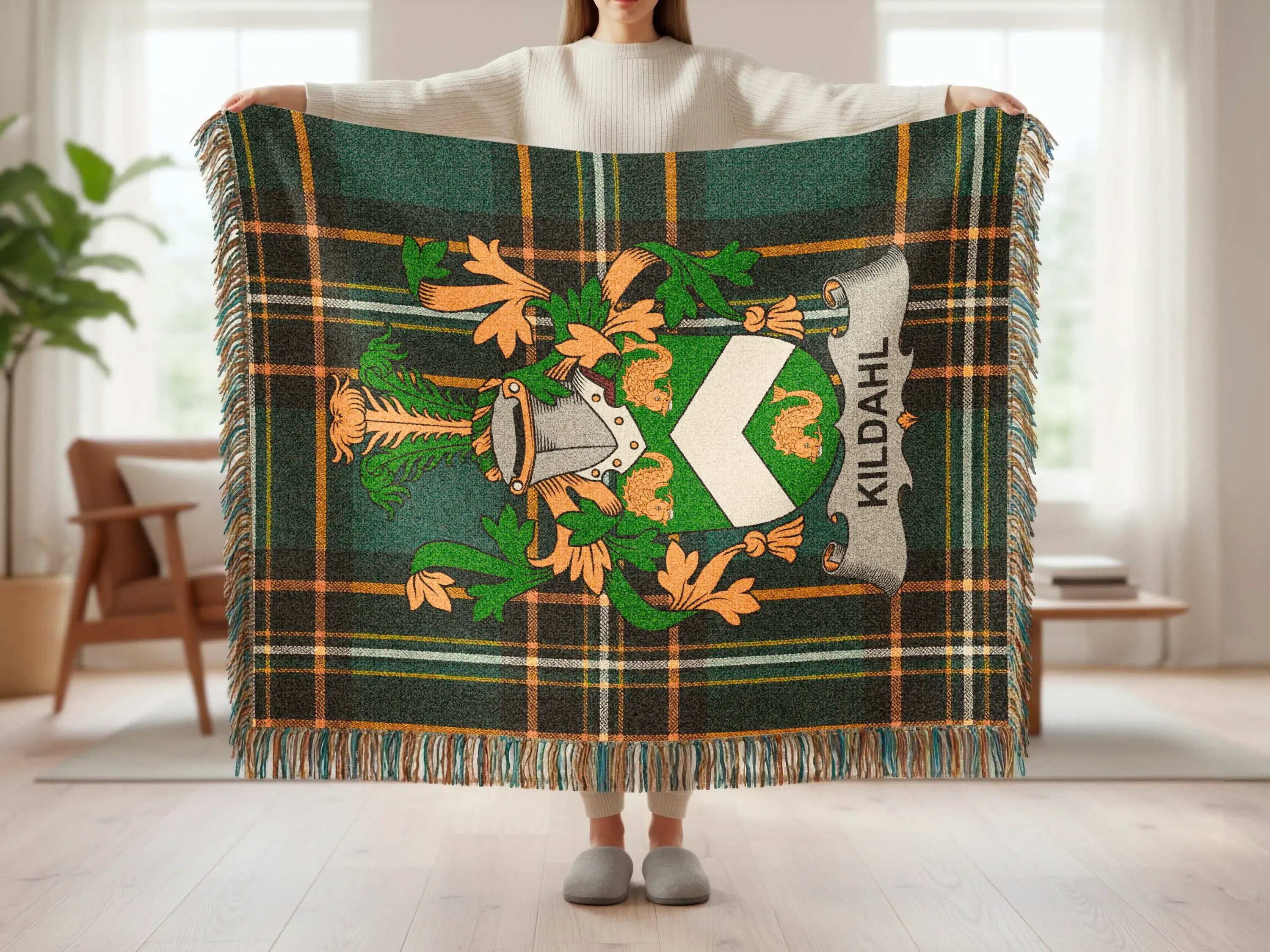 Tartan blanket with Kilby coat of arms and Kildahl text.
