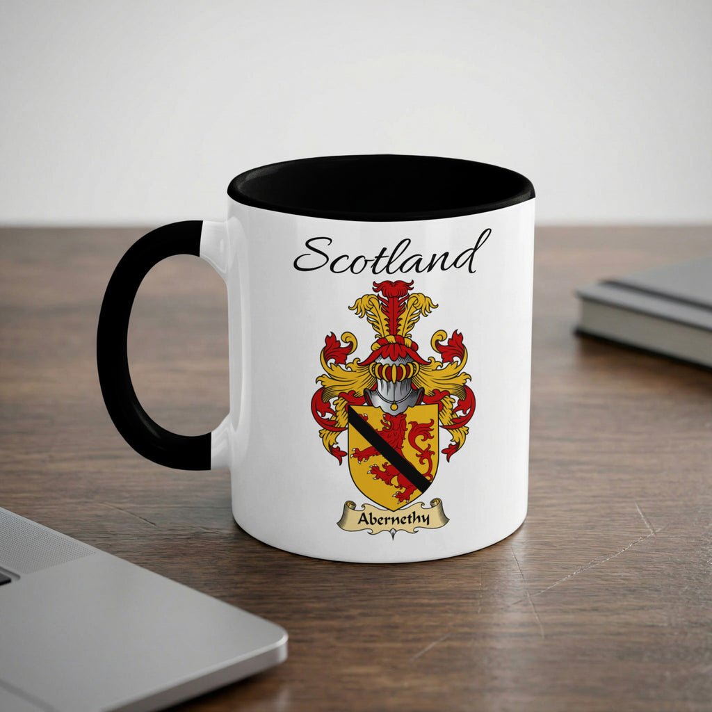 Abernethy Scottish family crest accent mug with Scotland lettering and coat of arms artwork