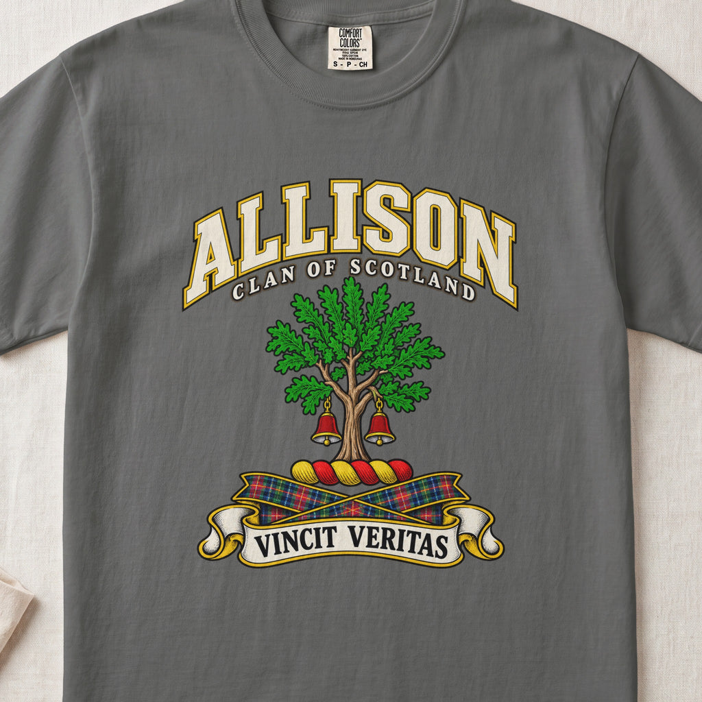 Allison Scottish clan T-shirt in Pepper, front view with a green tree with two hanging bells and motto banner.