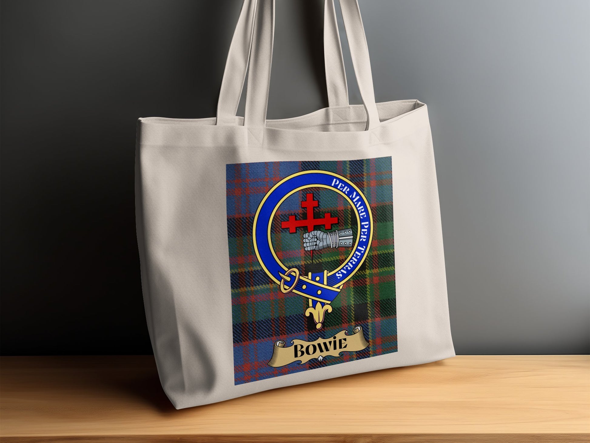 Bowie Clan Scottish Tartan Crest Tote Bag - Living Stone Gifts