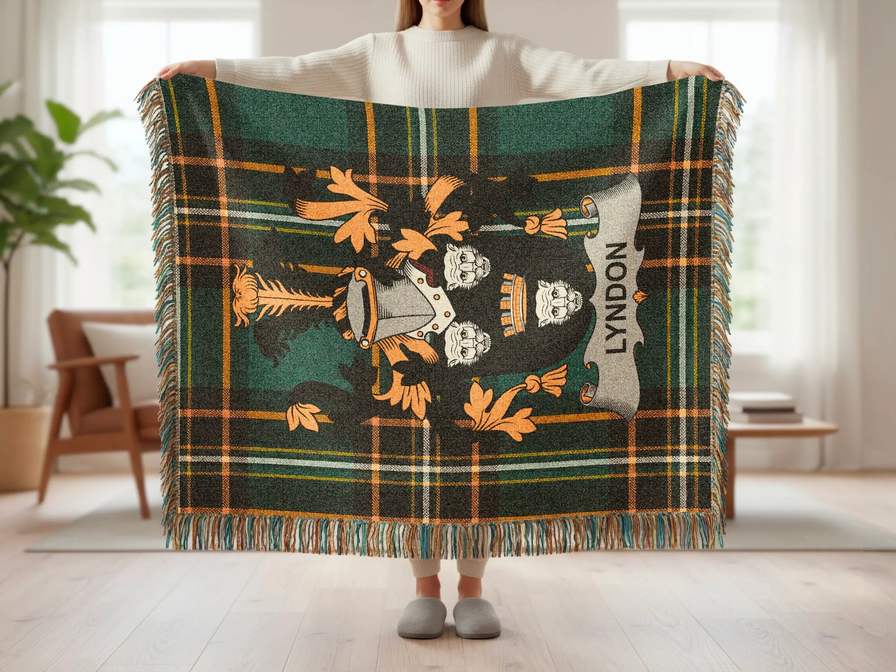 Tartan blanket with crest and "Lyndon" text, held by a person.