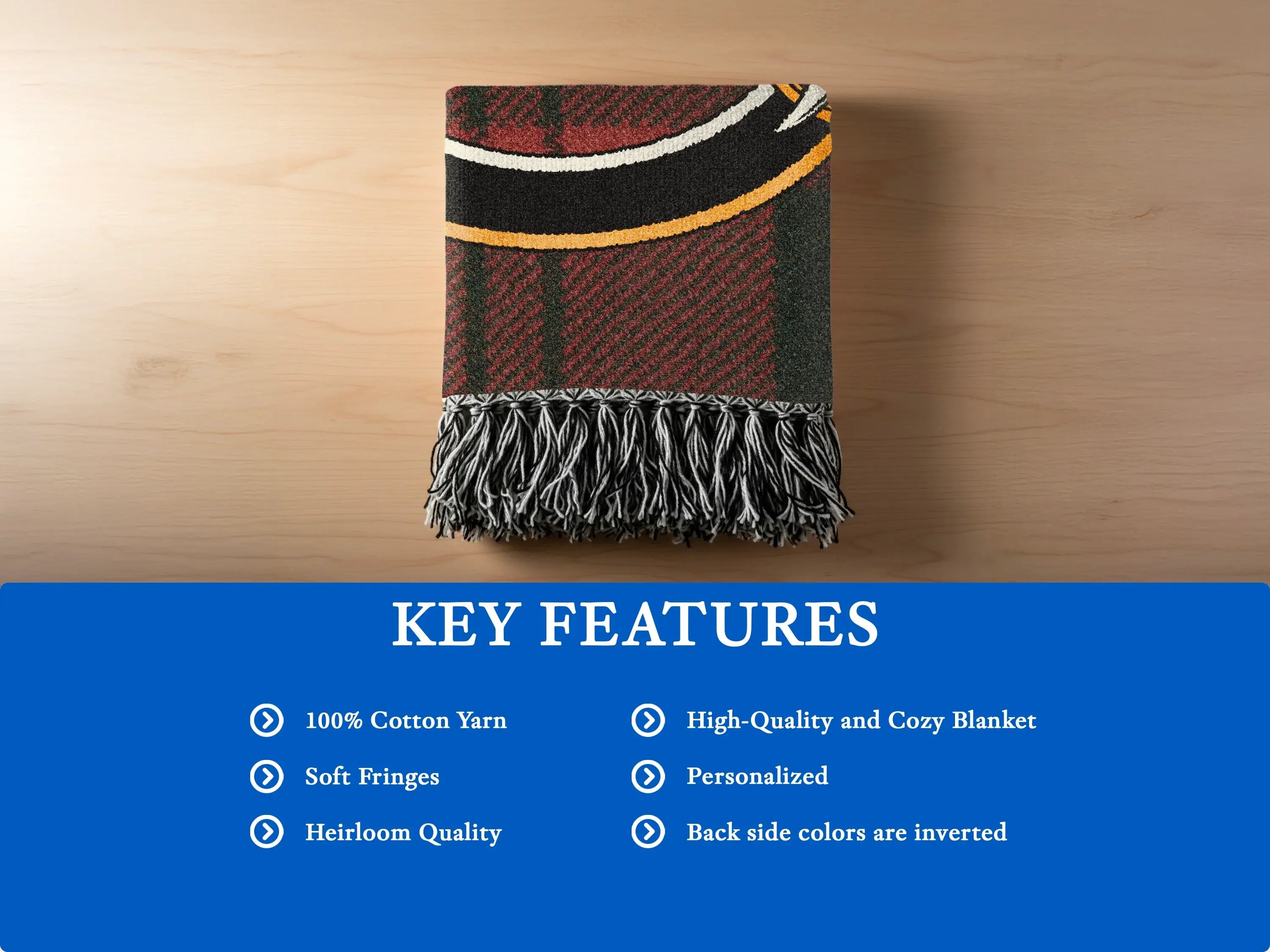 Clan Dunbar cotton woven blanket folded — showing fringe edge and tartan weave texture