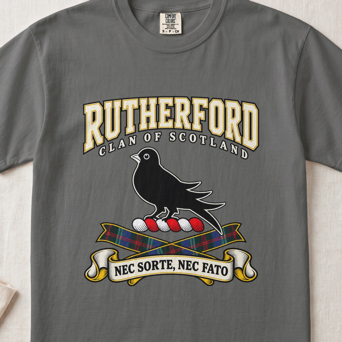 Rutherford Scottish clan graphic T-shirt in Pepper, front view