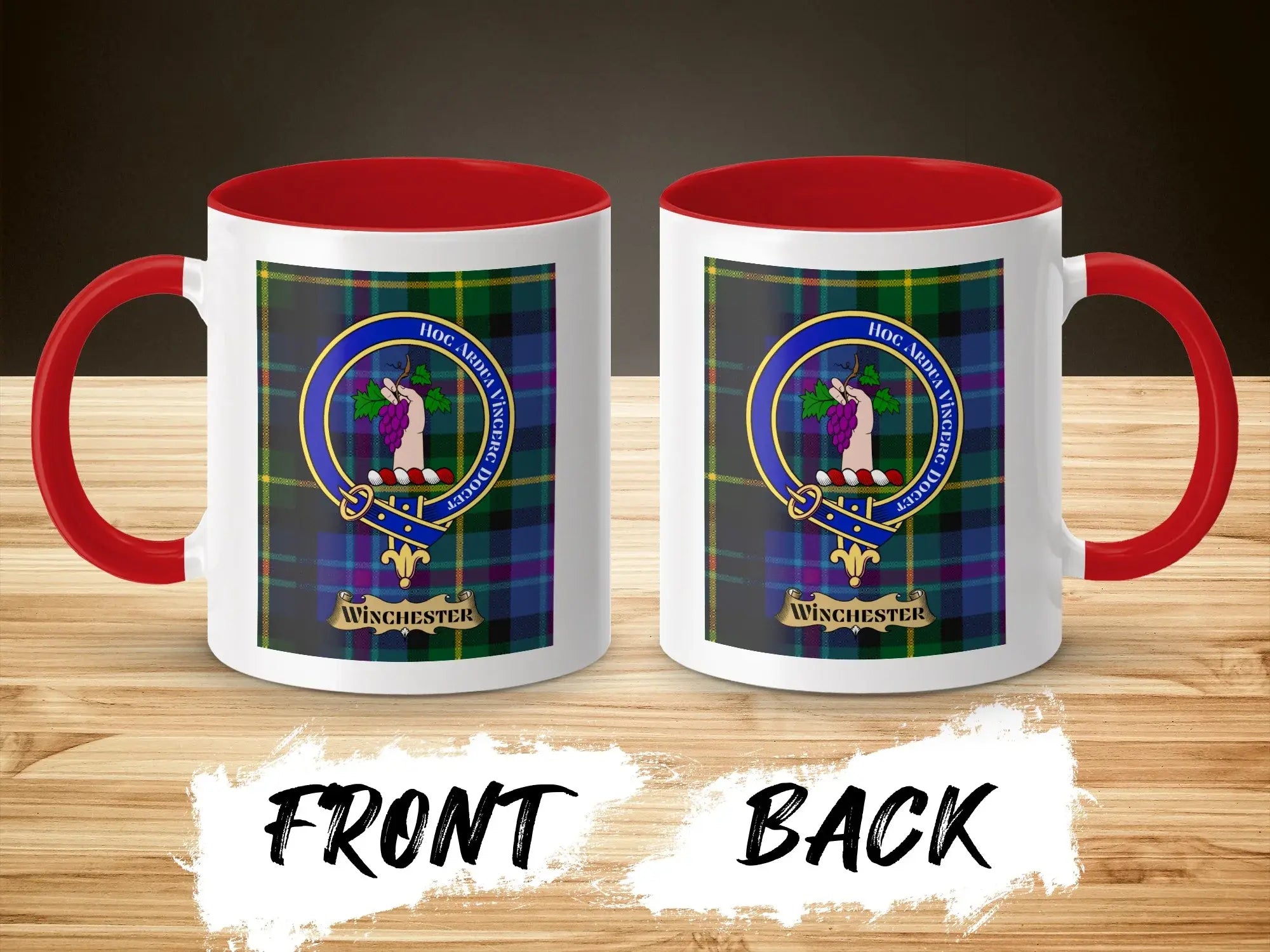 Winchester tartan-background crest mug shown as a heritage gift