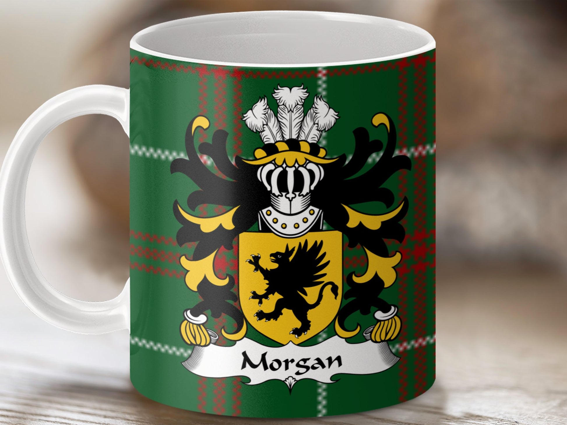 Morgan Welsh Surname Coat of Arms on Tartan Background Mug - Living Stone Gifts