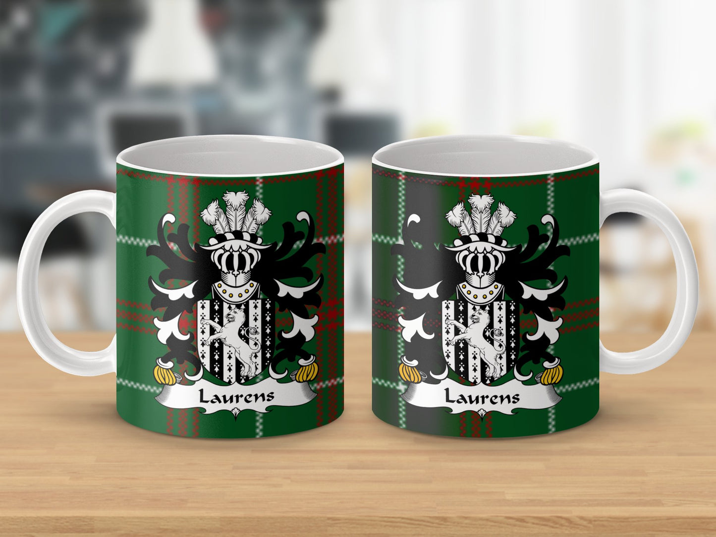 Laurens Welsh Surname Coat of Arms on Tartan Background Mug - Living Stone Gifts