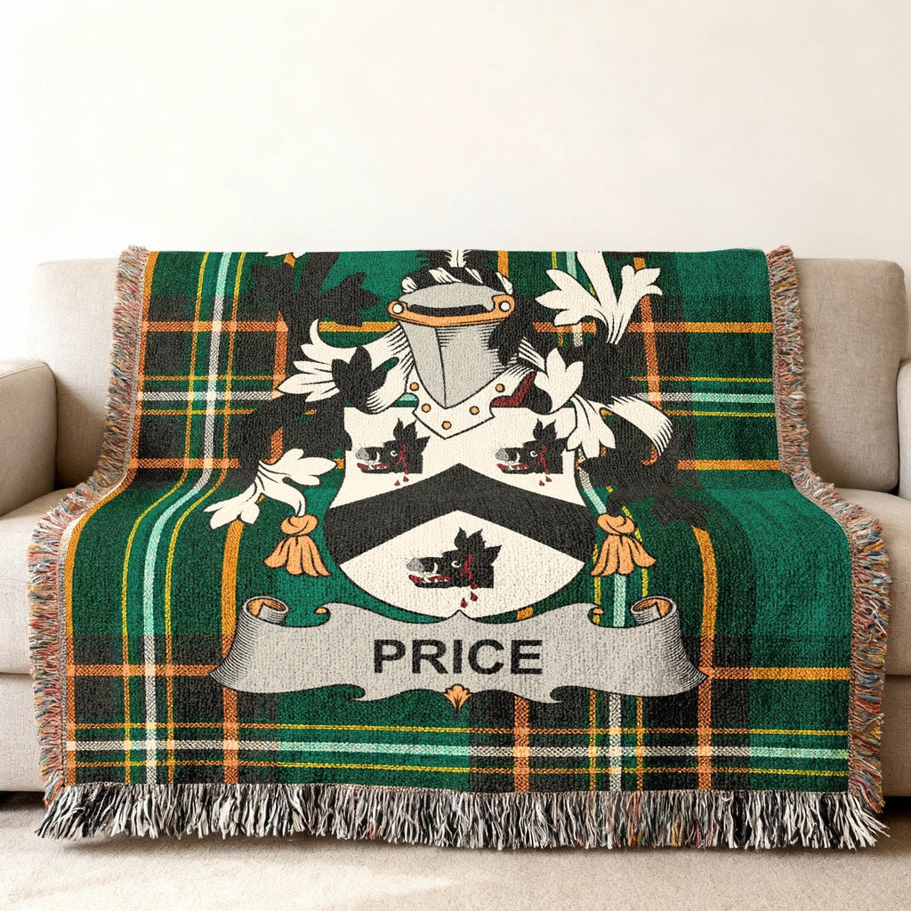 Green tartan blanket with the Price family crest displayed prominently.