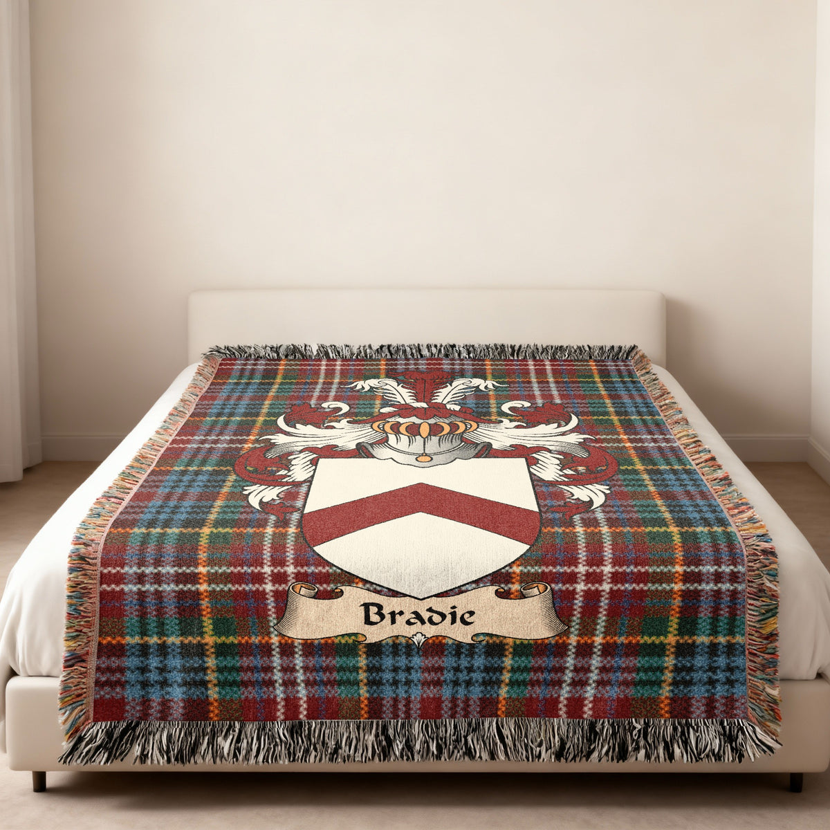 Bradie Scottish family shield woven blanket on a Caledonia tartan background