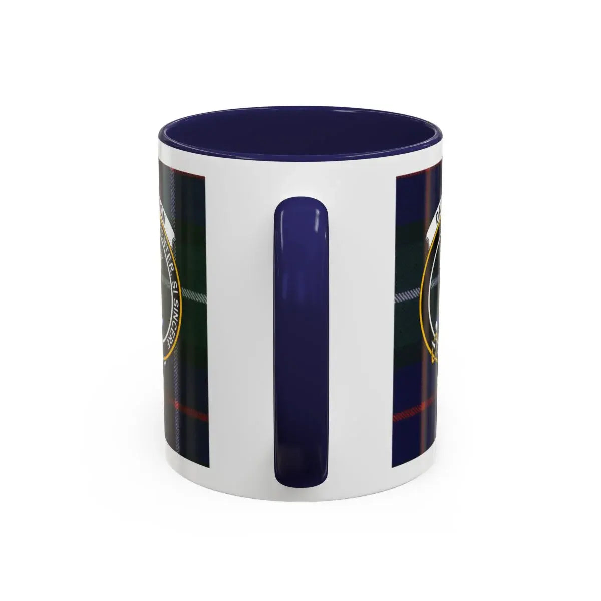 Davidson Sapienter Si Sincere tartan mug — custom navy blue accent on glossy 15oz ceramic