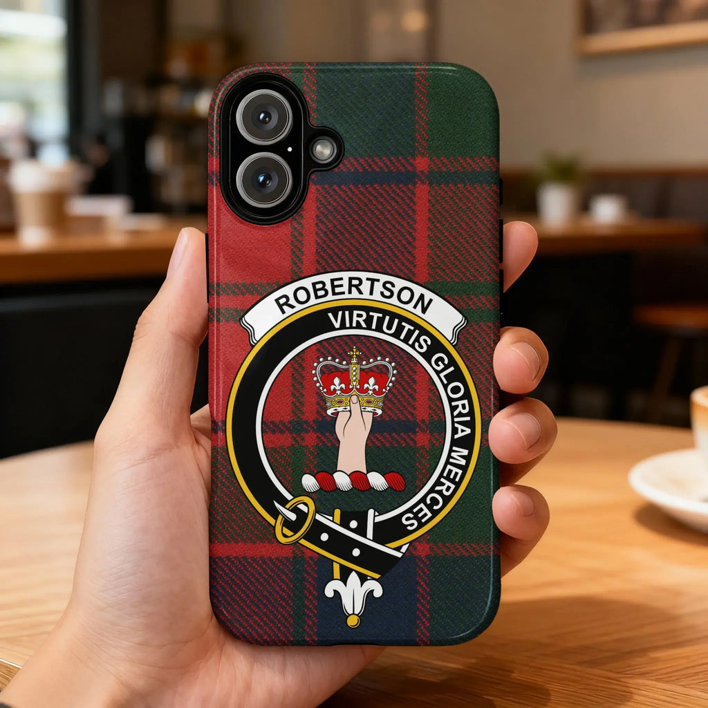 Clan Robertson tartan phone case — glossy edge-to-edge crest print, iPhone shown
