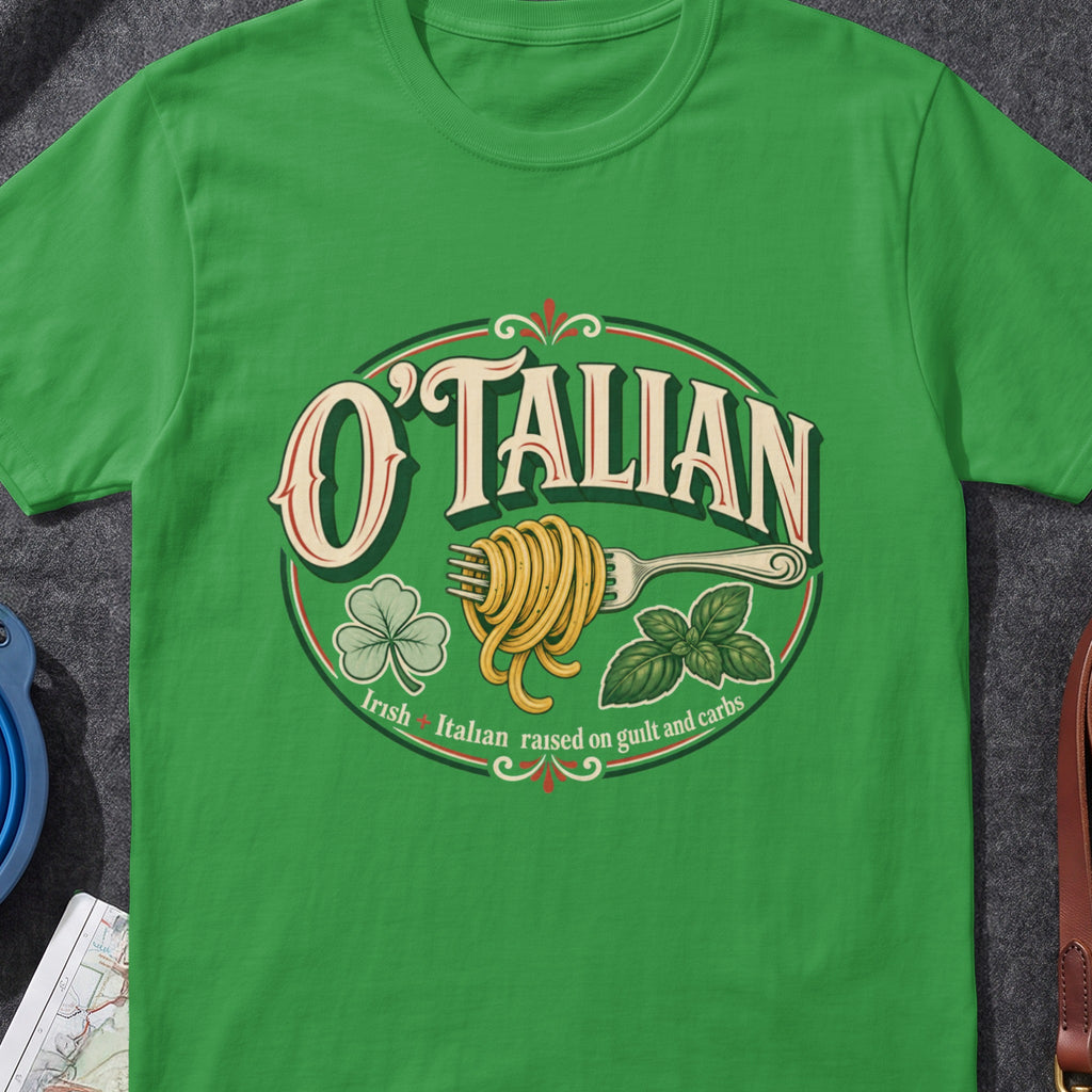 O'Talian Irish Italian funny Irish T-shirt in Irish Green, flat-lay mockup