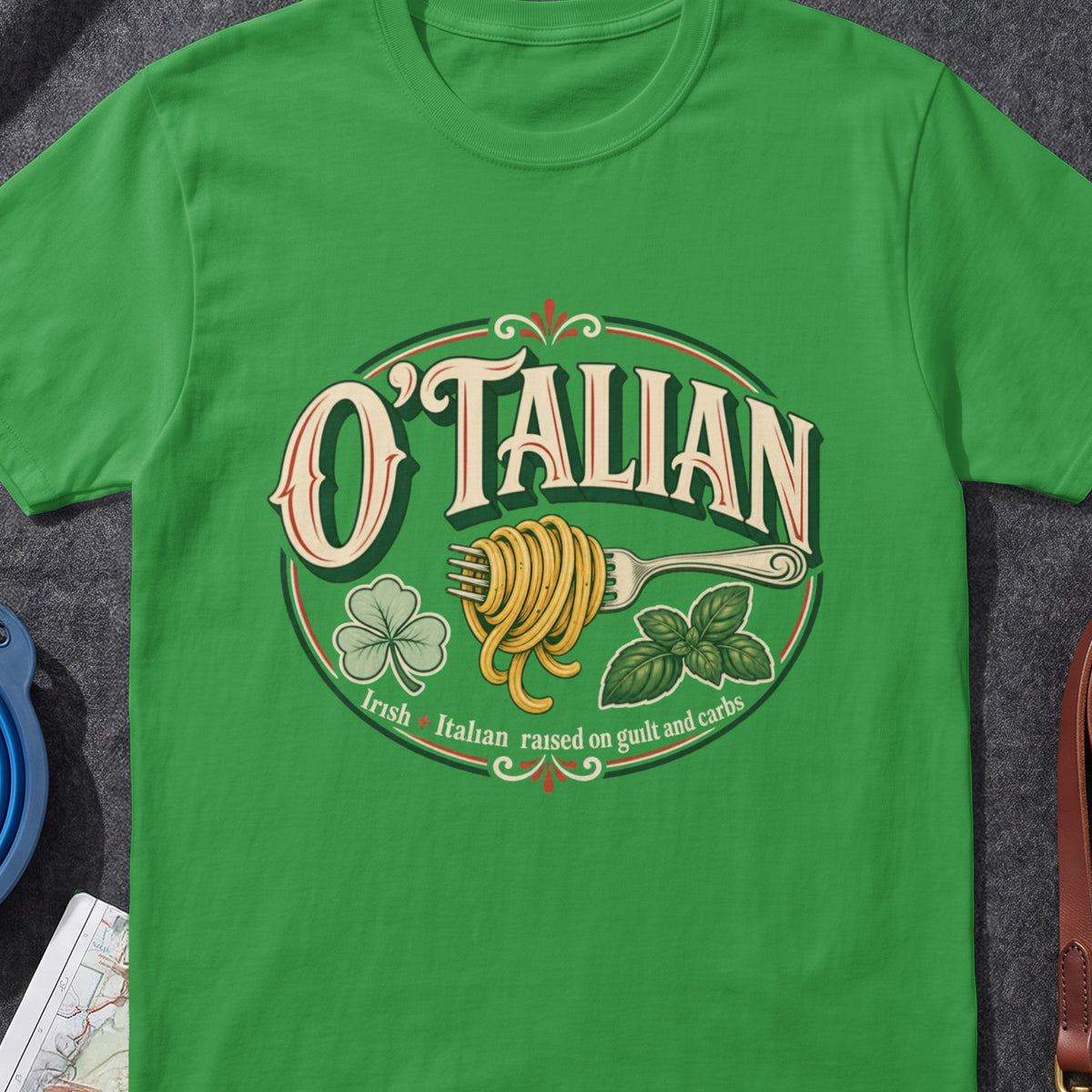 O'Talian Irish Italian funny Irish T-shirt in Irish Green, flat-lay mockup