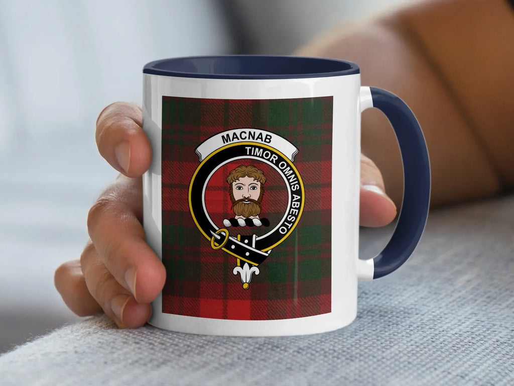 MacNab clan crest Timor Omnis Abesto tartan accent mug — 11 oz ceramic black handle