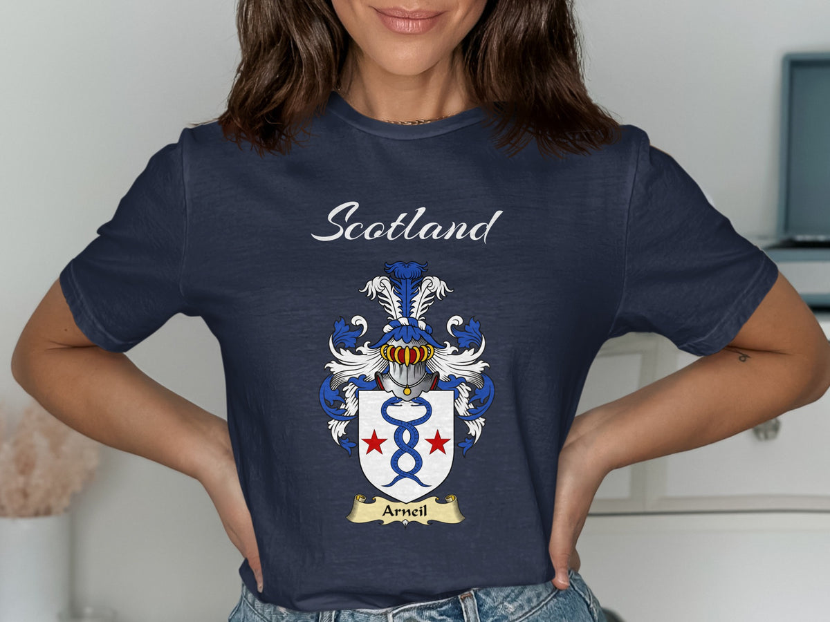 Arneil Scottish family shield design on Navy T-shirt