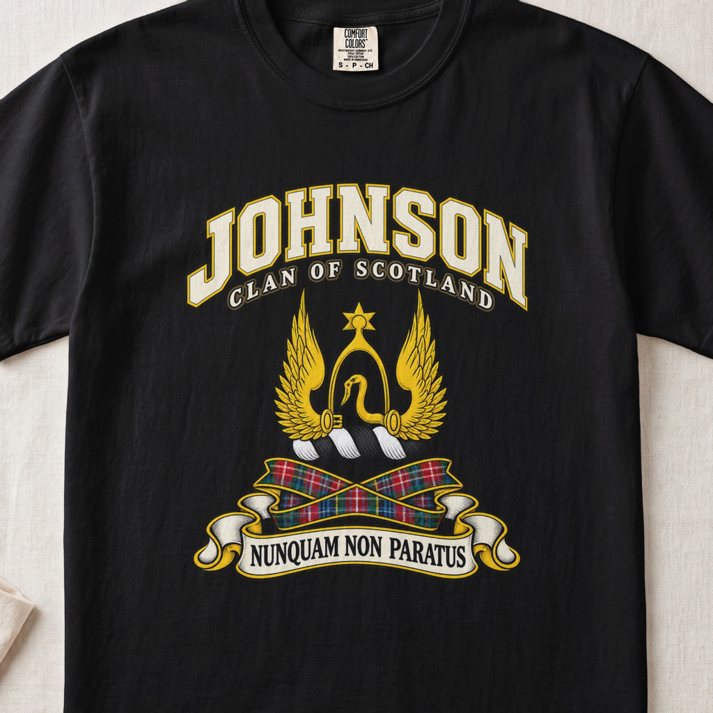 Johnson Scottish clan T-shirt in Black, front view with a golden winged emblem beneath a star and motto banner.