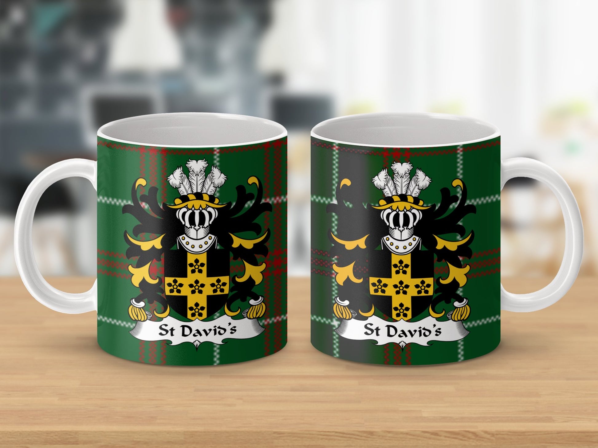 St David's Coat of Arms on Welsh Tartan Background Mug - Living Stone Gifts