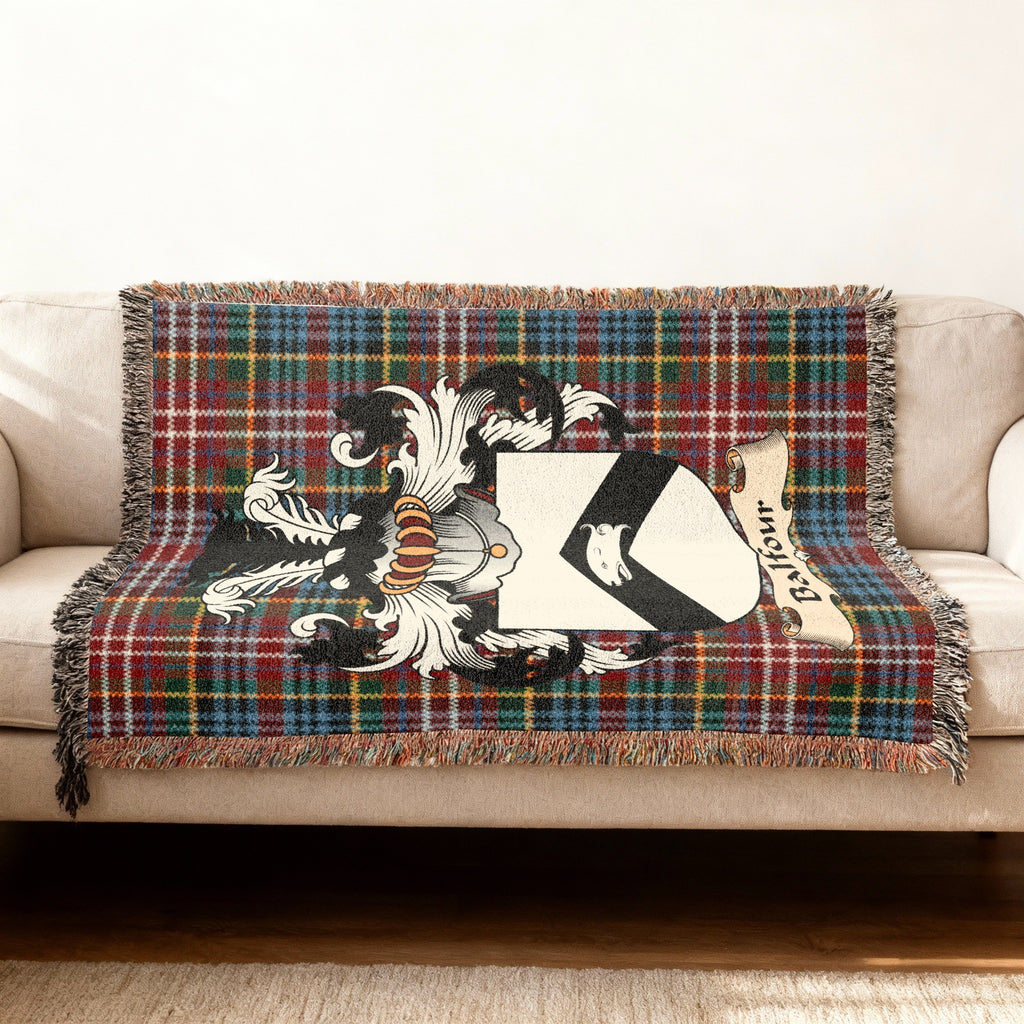 Balfour Caledonia tartan heritage woven throw blanket with family shield