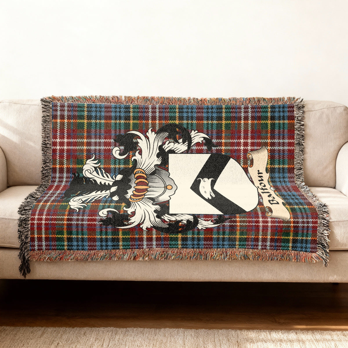 Balfour Caledonia tartan heritage woven throw blanket with family shield