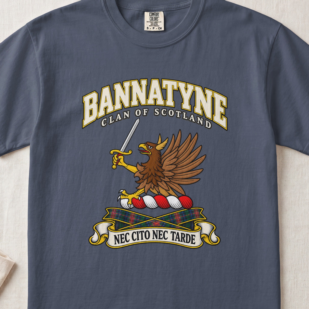 Bannatyne Scottish clan T-shirt in Midnight, front view with a brown eagle holding a sword and motto design.