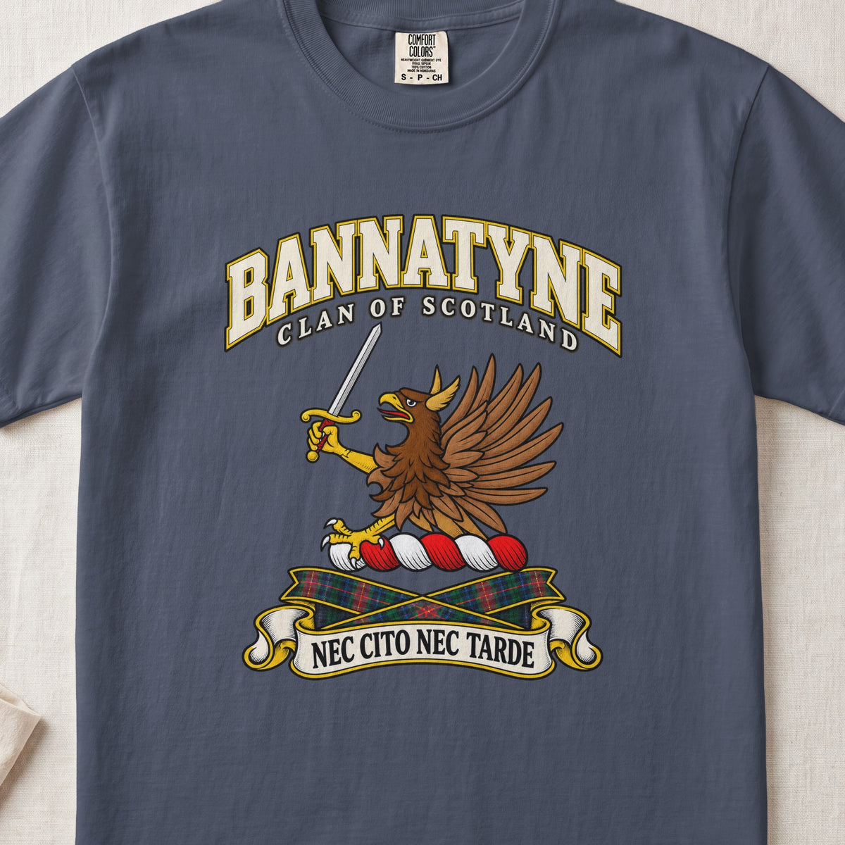 Bannatyne Scottish clan T-shirt in Midnight, front view with a brown eagle holding a sword and motto design.