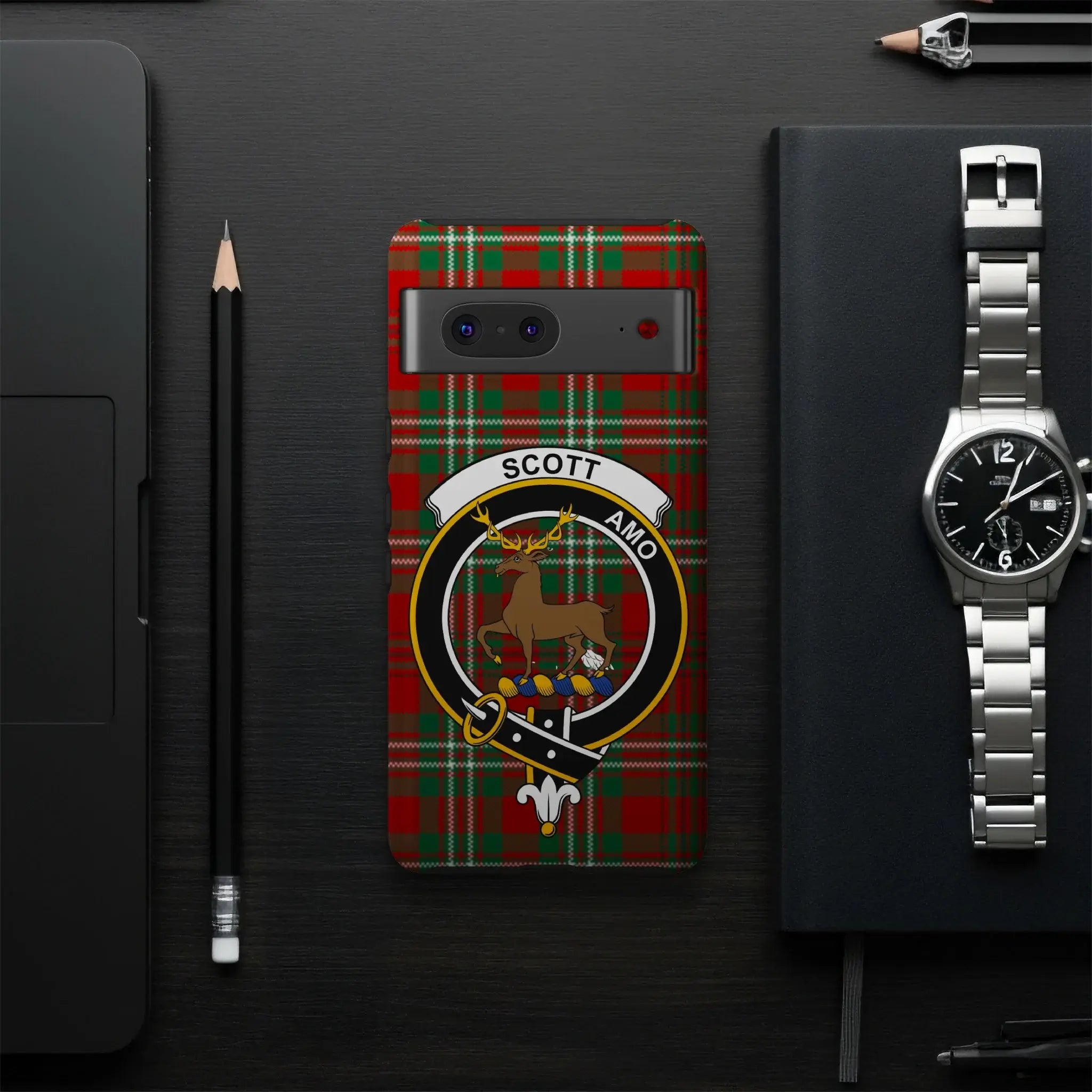 Scott amo red tartan deer crest phone case — slim dual-layer, Google Pixel shown