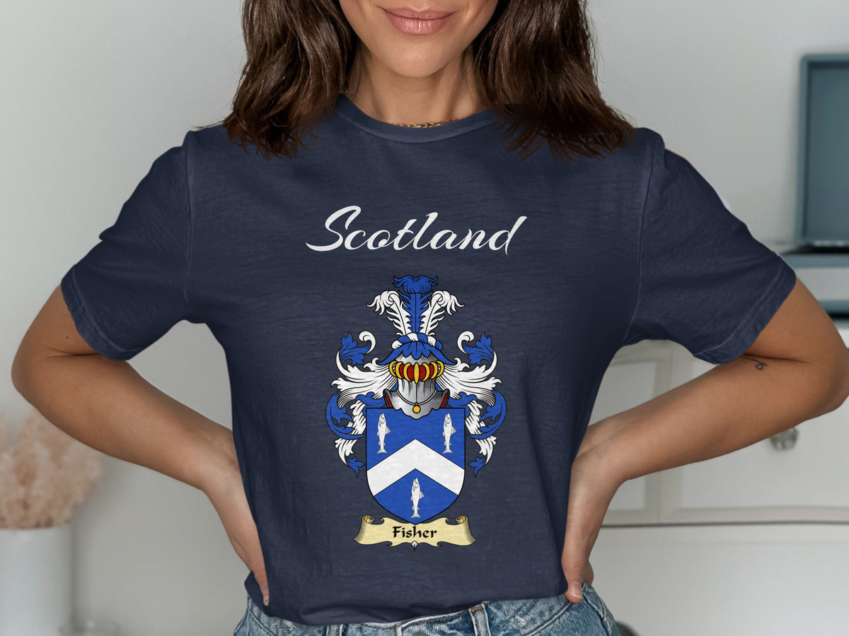 Fisher Scottish family shield design on Navy T-shirt