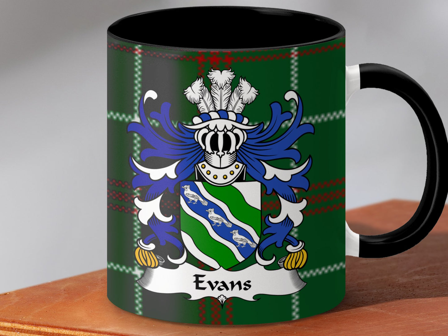 Evans Coat of Arms on Welsh National Tartan Mug - Living Stone Gifts